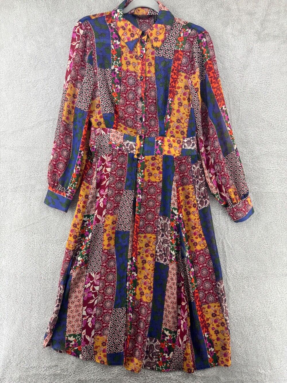 GILI Top Womens XXS Red Blue Patchwork Boho Sheer Button Up Midi Length Slit